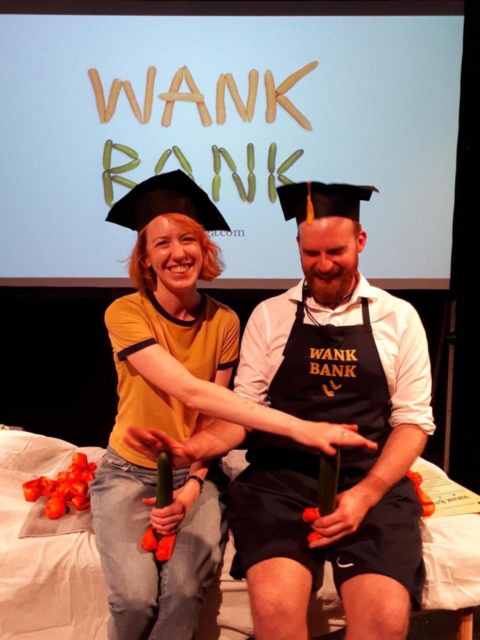 Holly Williams (left) takes part in Adam Seymour's (right) interactive show 'Wank Bank Masterclass' at the Edinburgh Fringe