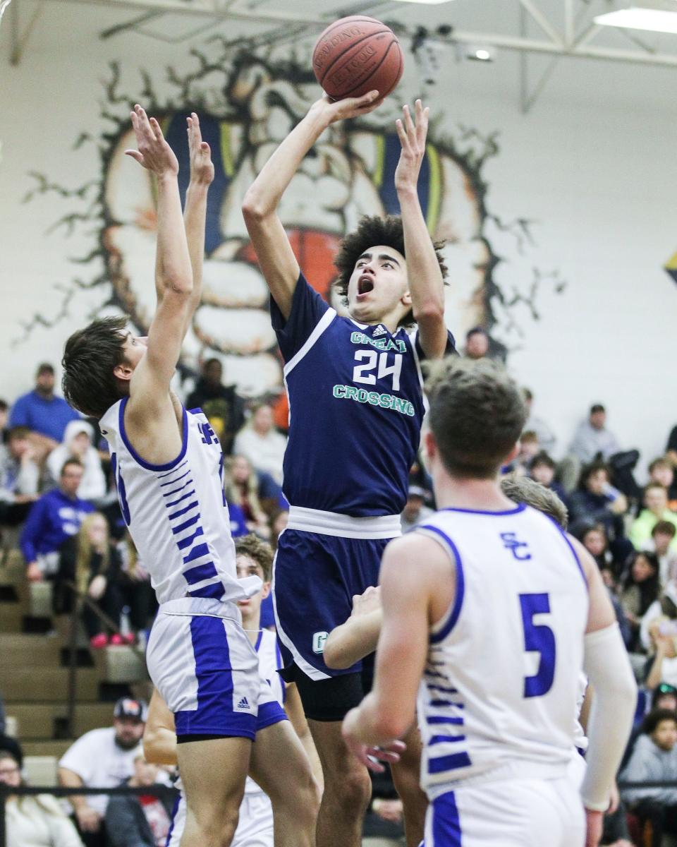 Great Crossing's Malachi Moreno gets two points against Spencer County at Saturday's King of the Bluegrass in Fairdale. Dec. 17, 2022 