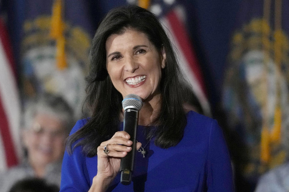 FILE - Republican presidential candidate Nikki Haley smiles while taking a question from the audience during a campaign event May 24, 2023, in Bedford, N.H. (AP Photo/Charles Krupa, File)