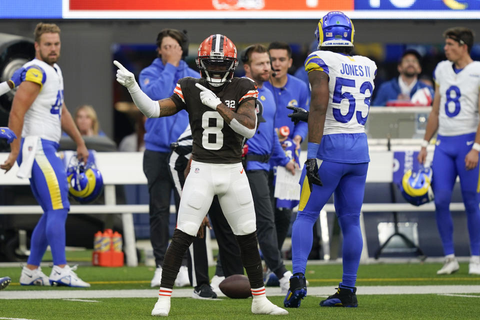 Cleveland Browns wide receiver Elijah Moore (8) celebrates after catching a pass during the first half of an NFL football game against the Los Angeles Rams, Sunday, Dec. 3, 2023, in Inglewood, Calif. (AP Photo/Ryan Sun)