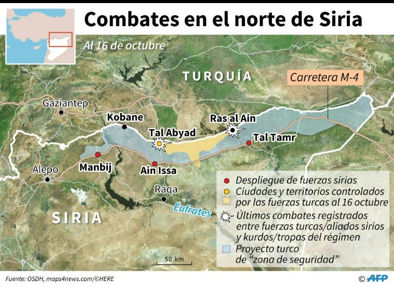 Mapa del norte de Siria en donde Turquía lanzó una ofensiva contra las posiciones de una milicia kurda, situación al 16 de octubre de 2019