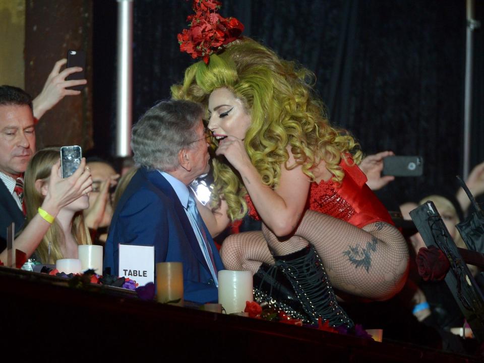 Lady Gaga sings to Tony Bennett during her concert at Roseland Ballroom on April 6, 2014 in New York City