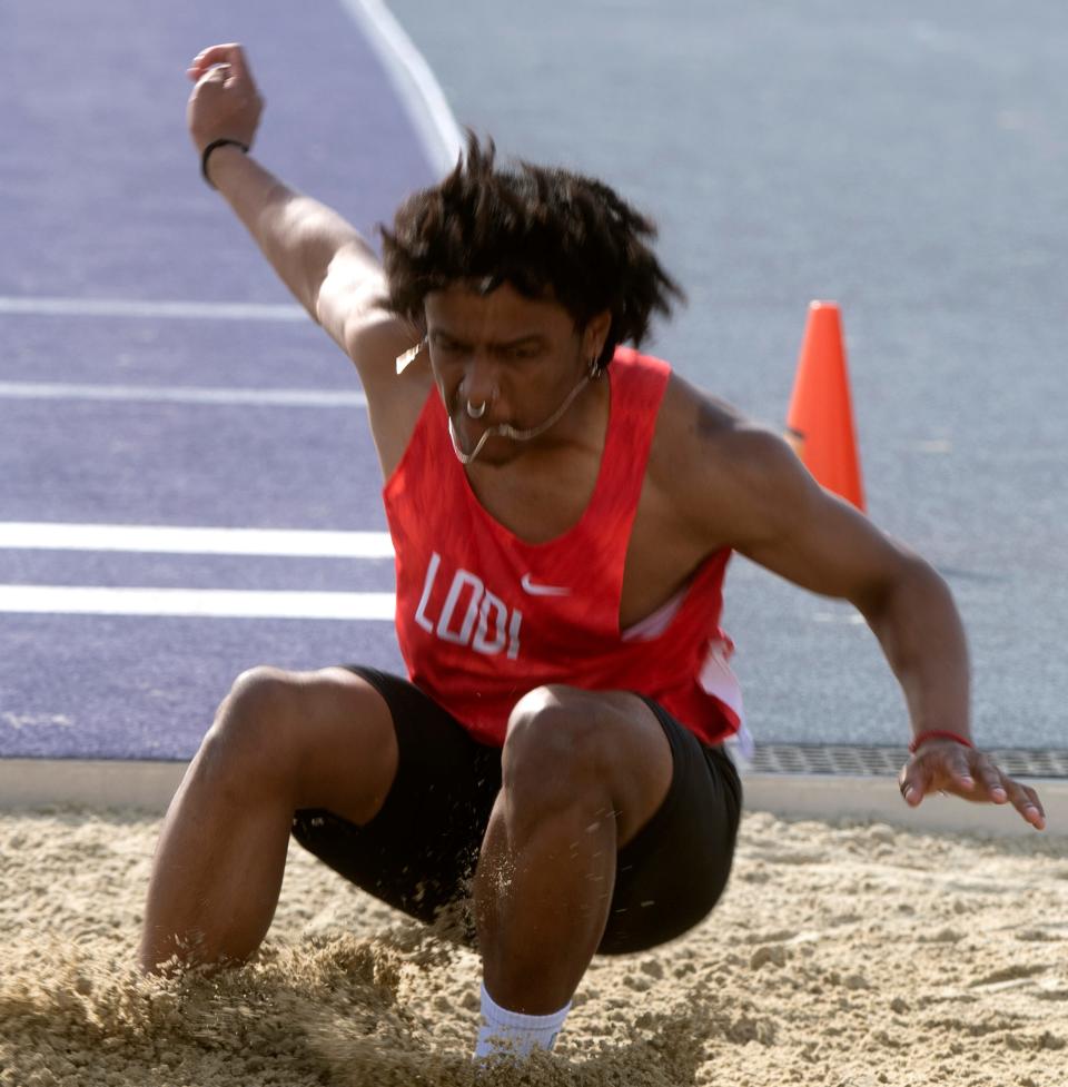 Lodi's Maceo McDowell competes in the boys varsity long jump during a track meet at Tokay in Lodi on Thursday, Mar. 29, 2023. Athletes from Tokay, Lodi, St. Mary's and West high schools competed in the event. CLIFFORD OTO/THE STOCKTON RECORD