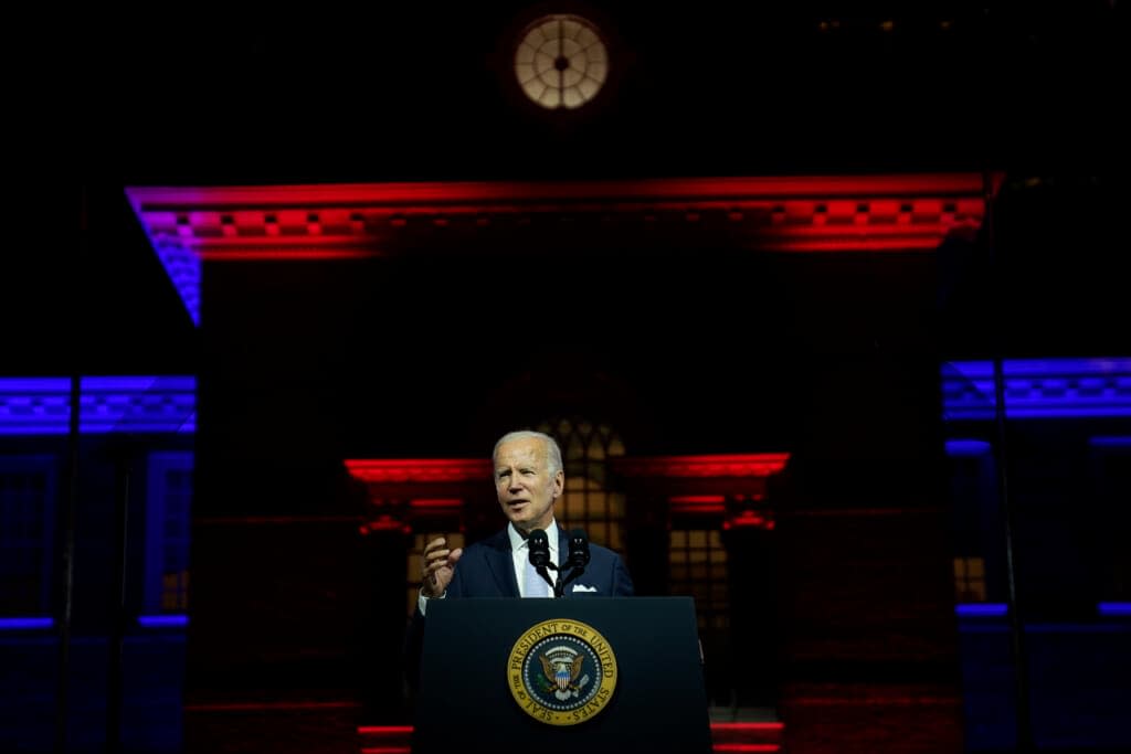 President Joe Biden speaks outside Independence Hall, Thursday, Sept. 1, 2022, in Philadelphia. (AP Photo/Evan Vucci)