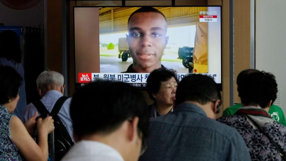 PHOTO: A TV screen shows a file image of American soldier Travis King during a news program at the Seoul Railway Station in Seoul, South Korea, Aug. 16, 2023. (Ahn Young-joon/AP)