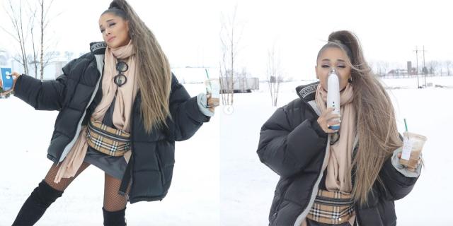 Ariana Grande Playing In The Snow With An Iced Coffee In Hand Is A Winter Mood 0021