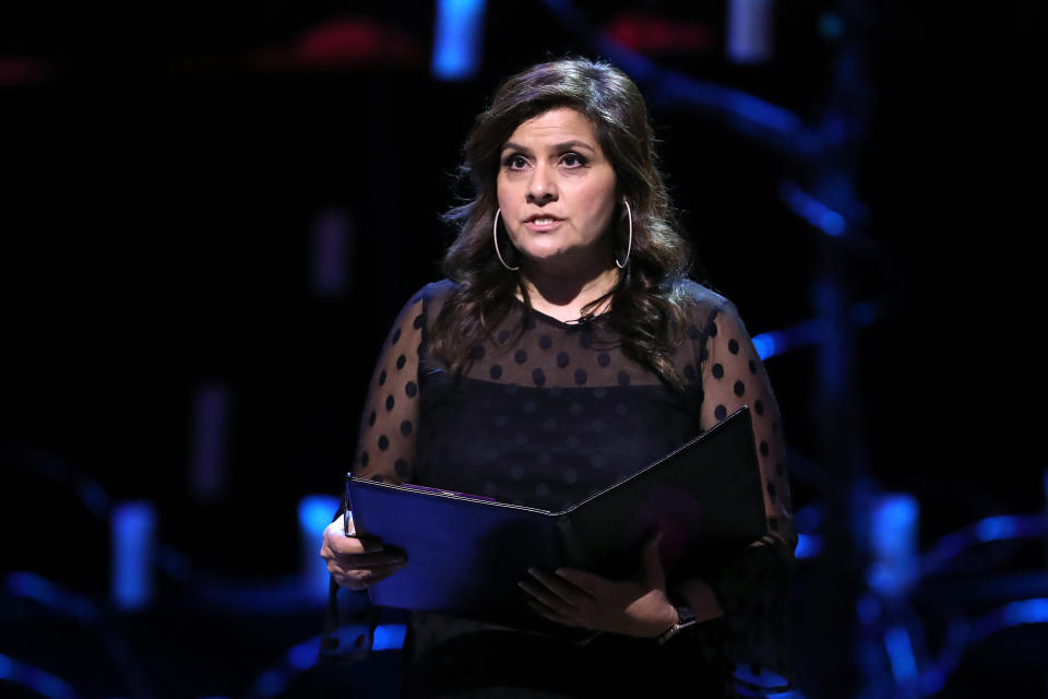 LONDON, ENGLAND - JANUARY 27: Nina Wadia reads during  the UK Holocaust Memorial Day Commemorative Ceremony in Westminster on January 27, 2020 in London, England. 2020 marks the 75th anniversary of the liberation of Auschwitz-Birkenau. Holocaust memorial day takes place annually on the 27th of January, remembering the liberation of Auschwitz-Birkenau, and honoring survivors of the Holocaust, Nazi Persecution, and subsequent genocides in Bosnia, Cambodia, Rwanda, Darfur. (Photo by Chris Jackson/Getty Images)