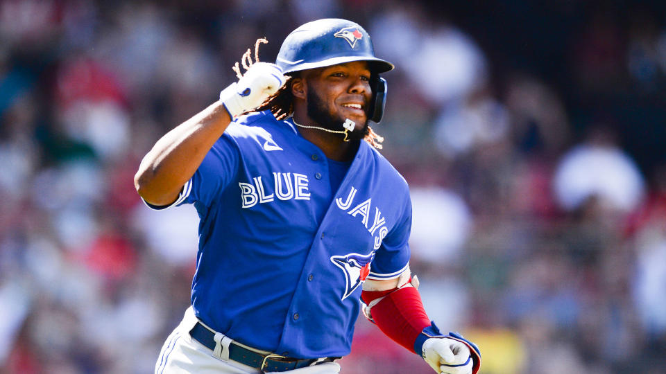 Blue Jays slugger Vladimir Guerrero Jr. celebrates after hitting a two-run home run. (Photo by Kathryn Riley/Getty Images)