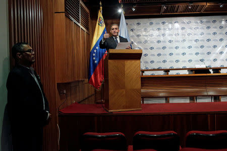 Venezuela's chief prosecutor Tarek William Saab talks to the media during a news conference in Caracas, Venezuela, August 16, 2017. REUTERS/Marco Bello