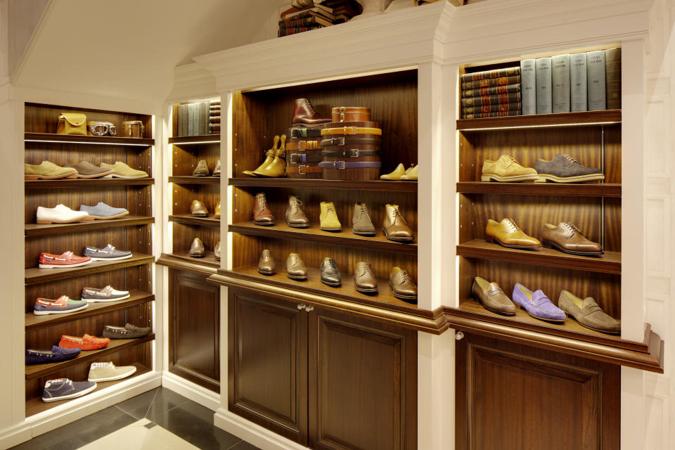 Interior Store of Hackett in London with many leather shoes on display