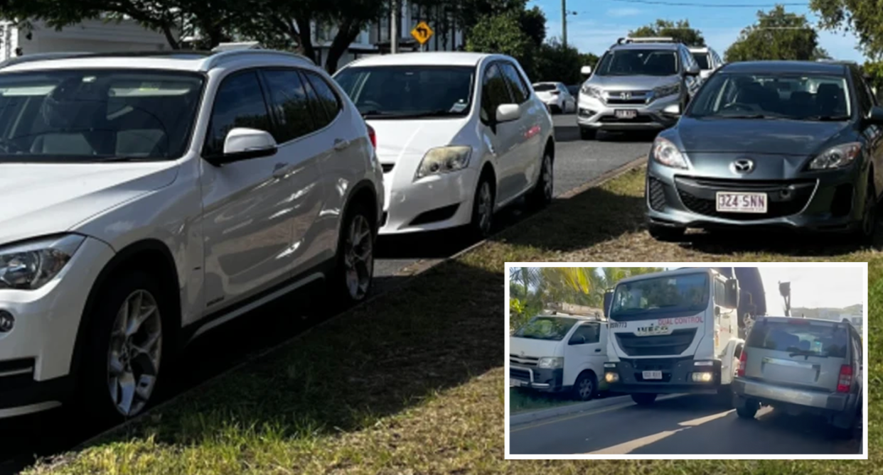 Cars are seen parked on on a nature strip in inner-Brisbane, beside an inset of an image of a large truck struggling make it down the narrow streets. 