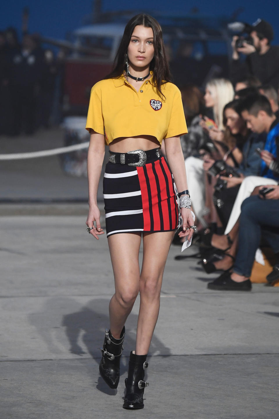 <p>Bella Hadid joined sister Gigi Hadid on the 'Tommyland' amusement park themed show for Tommy Hilfiger, in LA, on Wednesday Feburary 8.</p>