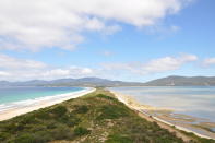 In case you're wondering, it's not all about food. Tasmania is also a destination of stunning vistas and blue seas. This picture was taken at The Neck, in Bruny Island. On the left you see the tide coming in and on the right, you see it going out. Very cool.