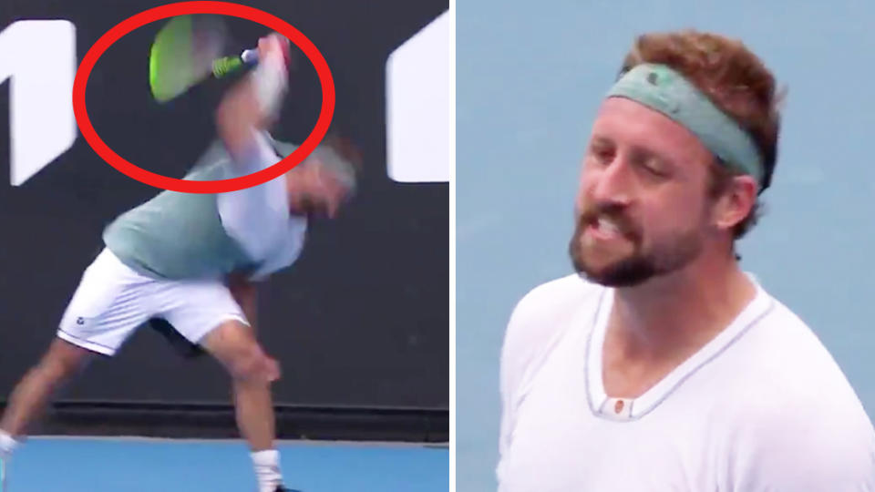 Tennys Sandgren (pictured right) getting frustrated and (pictured left) smashing his racquet.