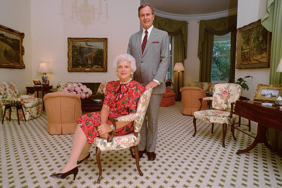 U.S. Vice President George H.W. Bush and Mrs. Barbara Bush at the Vice President's residence circa 1983