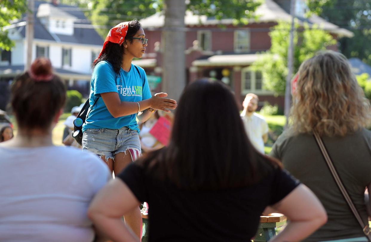 Parinita Singh speaks to concerned citizens during an abortion-rights rally at Rich Swirsky Memorial Park on Friday.