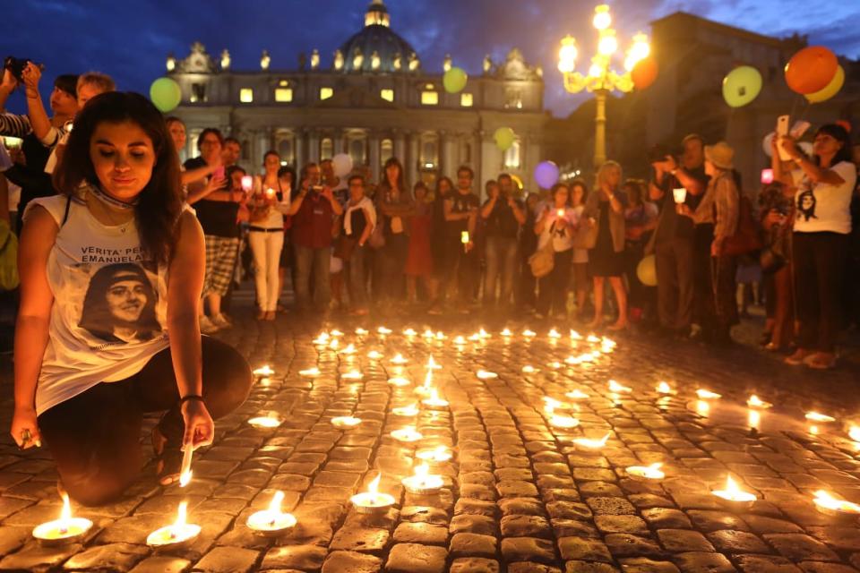 <div class="inline-image__caption"><p>People gather in St. Peter’s Square to mark the 30th anniversary of the disappearance of Emanuela Orlandi, on June 22, 2013, in Vatican City, Vatican.</p></div> <div class="inline-image__credit">Franco Origlia/Getty</div>