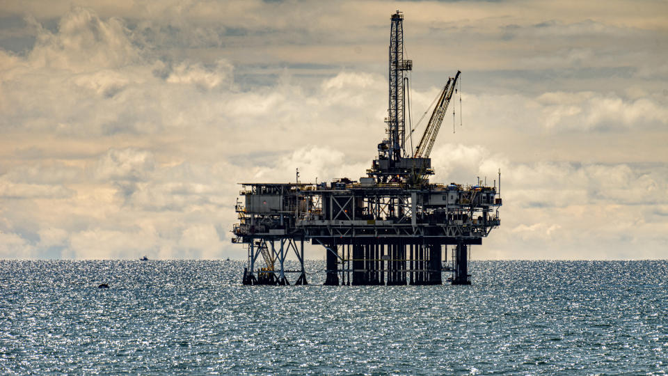 HUNTINGTON BEACH, CA - APRIL 05: An off-shore oil platform off the coast in Huntington Beach on Sunday, April 5, 2020.  (Photo by Leonard Ortiz/MediaNews Group/Orange County Register via Getty Images)