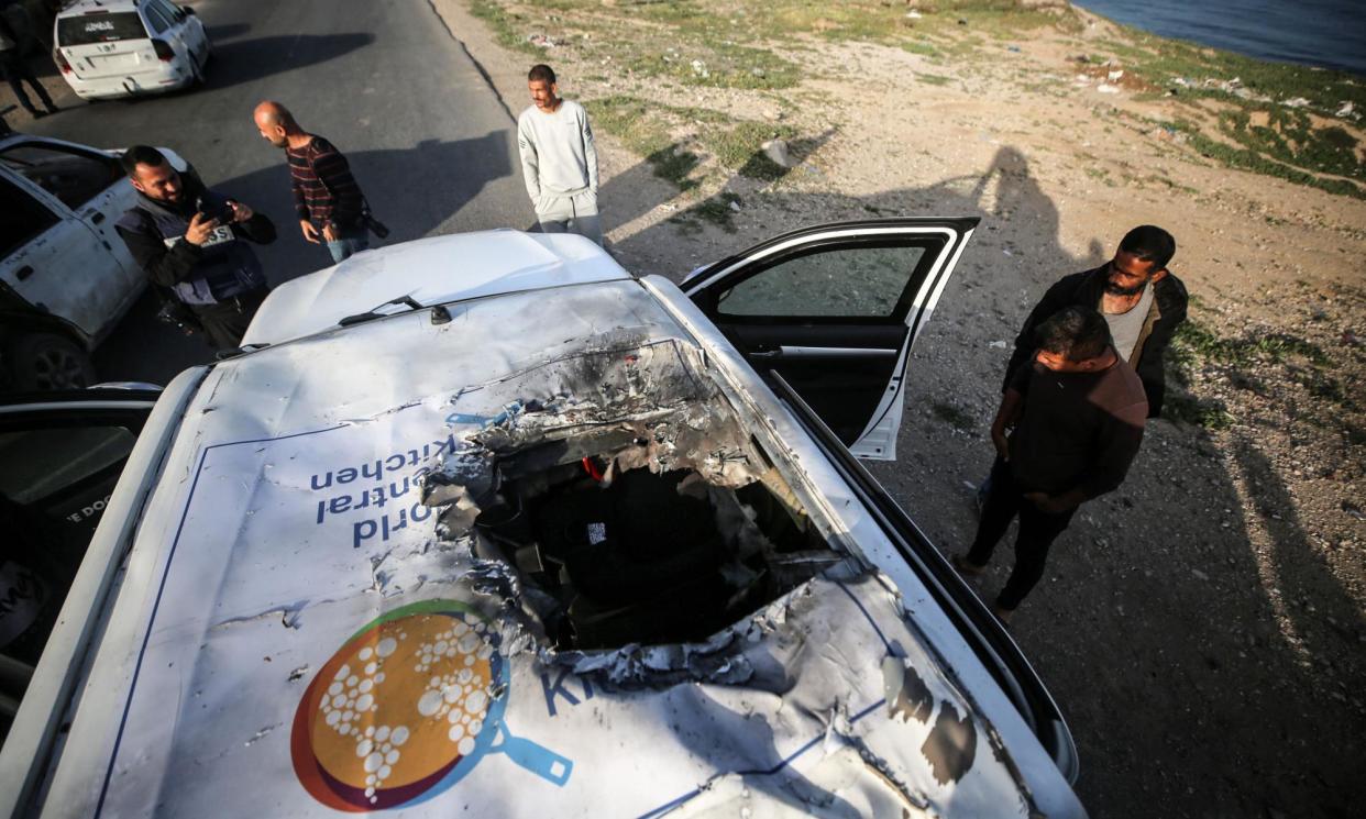 <span>The site of a strike by the IDF on a World Central Kitchen vehicle in central Gaza. The charity has suspended operations after seven of its workers were killed.</span><span>Photograph: Majdi Fathi/NurPhoto/Rex/Shutterstock</span>