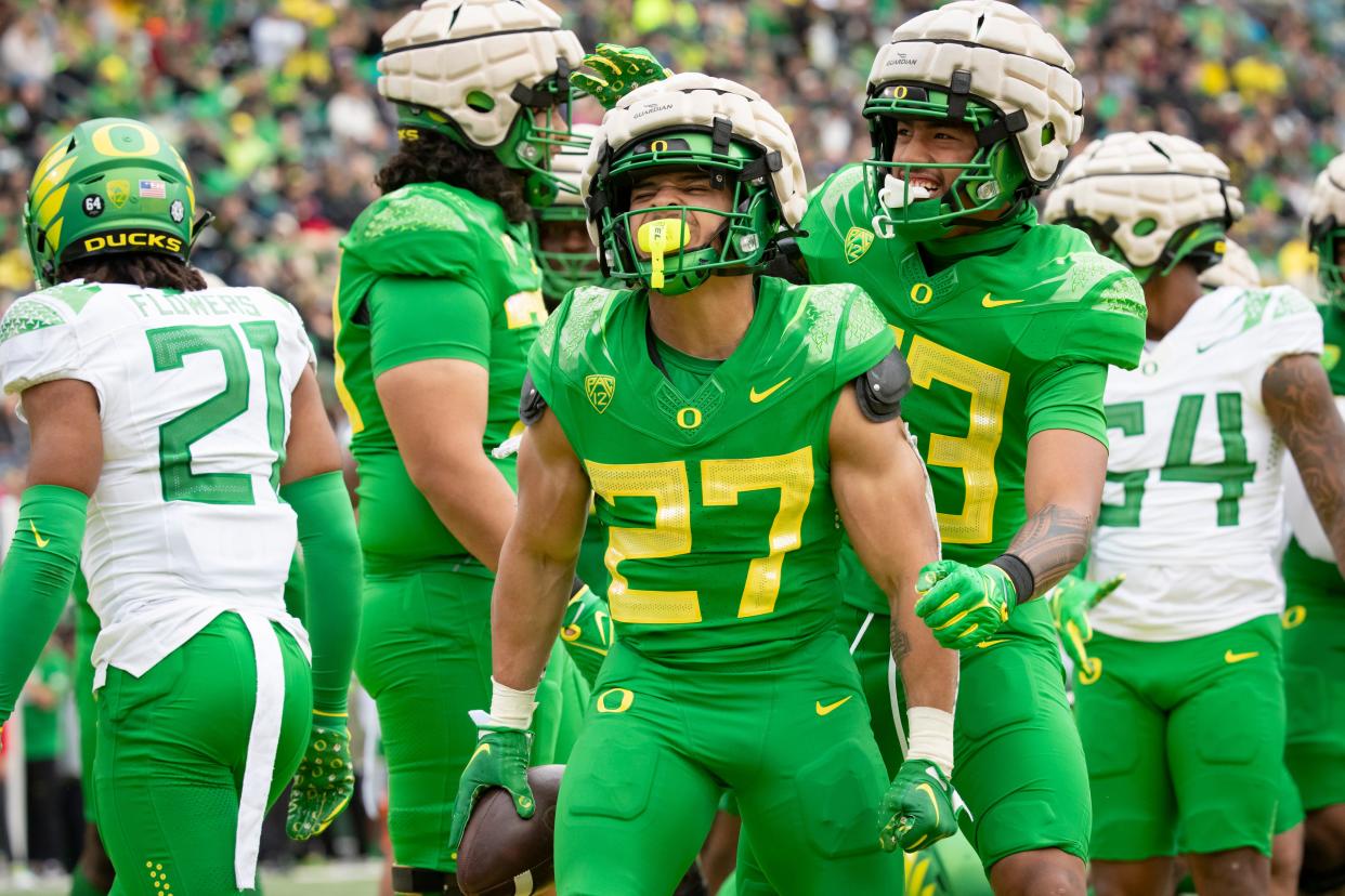 Oregon Green Team running back Jayden Limar celebrates a touchdown during the Oregon Ducks’ spring game Saturday, April 27, 2024 at Autzen Stadium in Eugene, Ore.