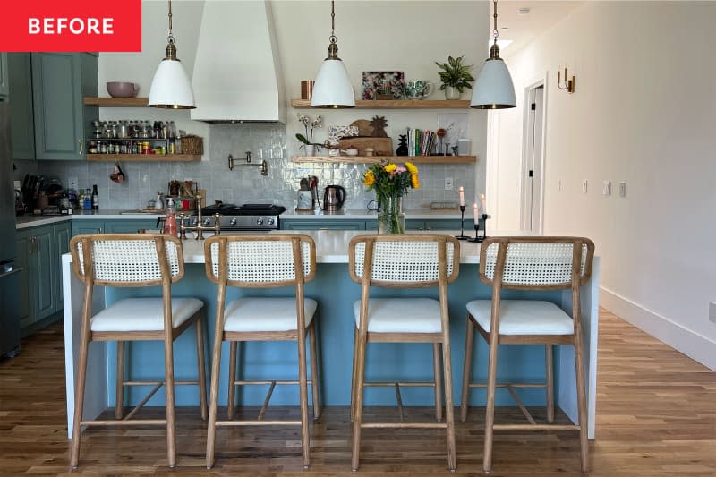 Blue painted island in kitchen before renovation.