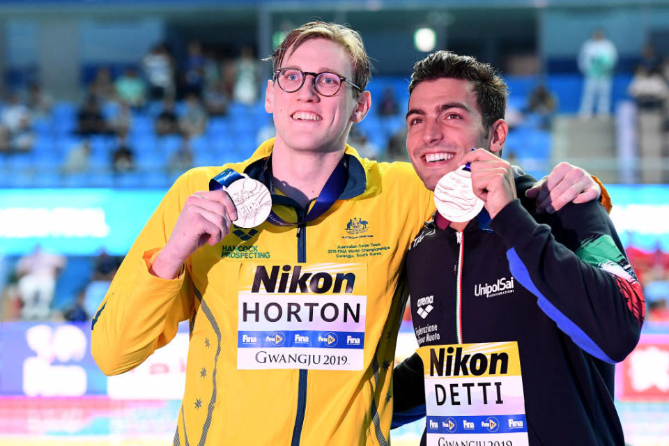 Australian Mack Horton poses with bronze medalist Gabriele Detti of Italy in Gwangju, South Korea. (Photo by Quinn Rooney/Getty Images)