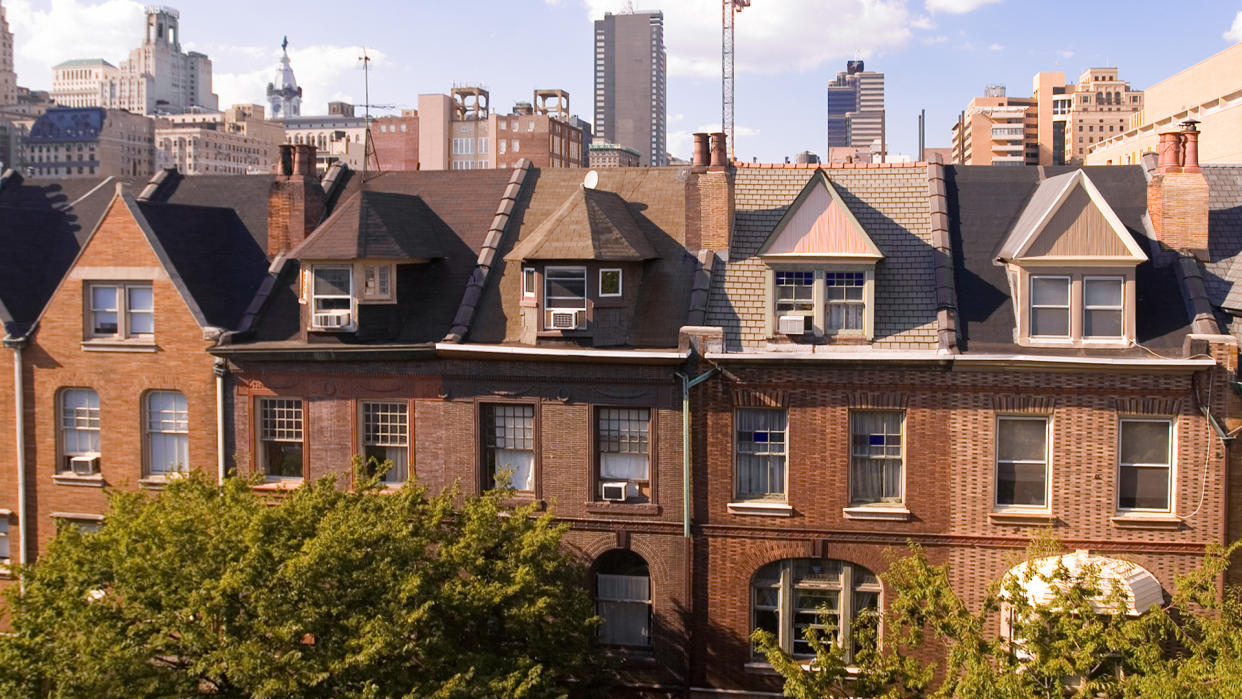 From Spruce Street looking north with city hall in the background.