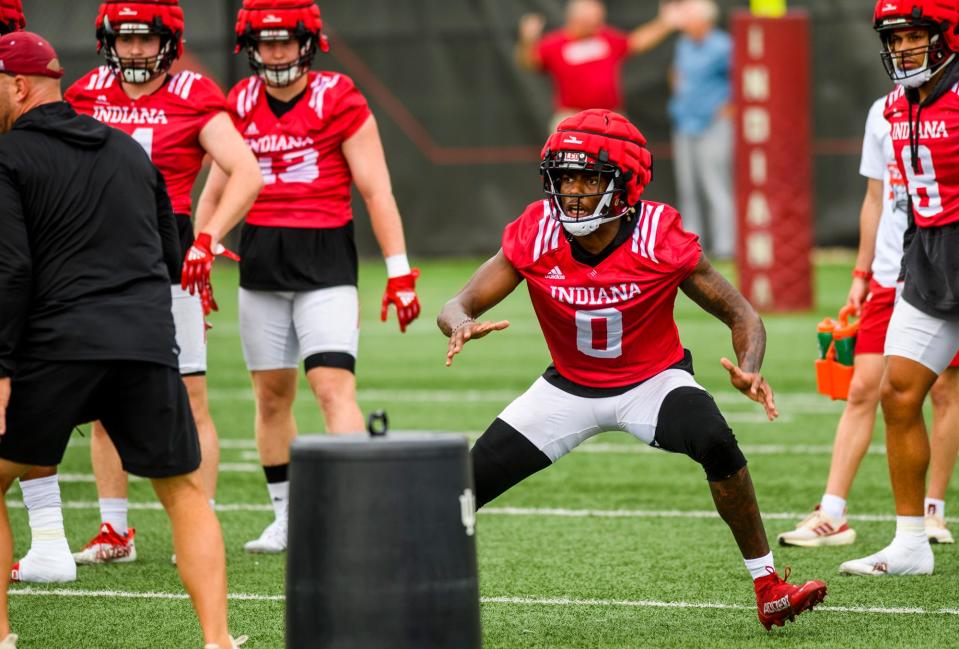 Indiana's Dasan McCullough (0) during the first open practice of the 2022 season at the practice facility at Indiana University on Tuesday, August 2, 2022.