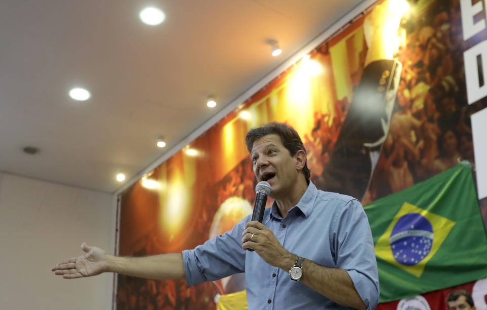 Fernando Haddad, Brazil's presidential candidate for the Workers Party, speaks during a meeting with union leaders, in Sao Paulo, Brazil, Tuesday, Oct. 16, 2018. Haddad will face Jair Bolsonaro, the far-right congressman in a presidential runoff on Oct. 28. (AP Photo/Andre Penner)