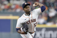 Houston Astros starting pitcher Framber Valdez throws to a Minnesota Twins batter during the first inning of a baseball game Thursday, Aug. 5, 2021, in Houston. (AP Photo/Michael Wyke)