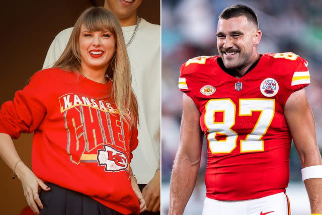 <p>David Eulitt/Getty Images; Dustin Satloff/Getty Images</p> Taylor Swift and Travis Kelce pictured.