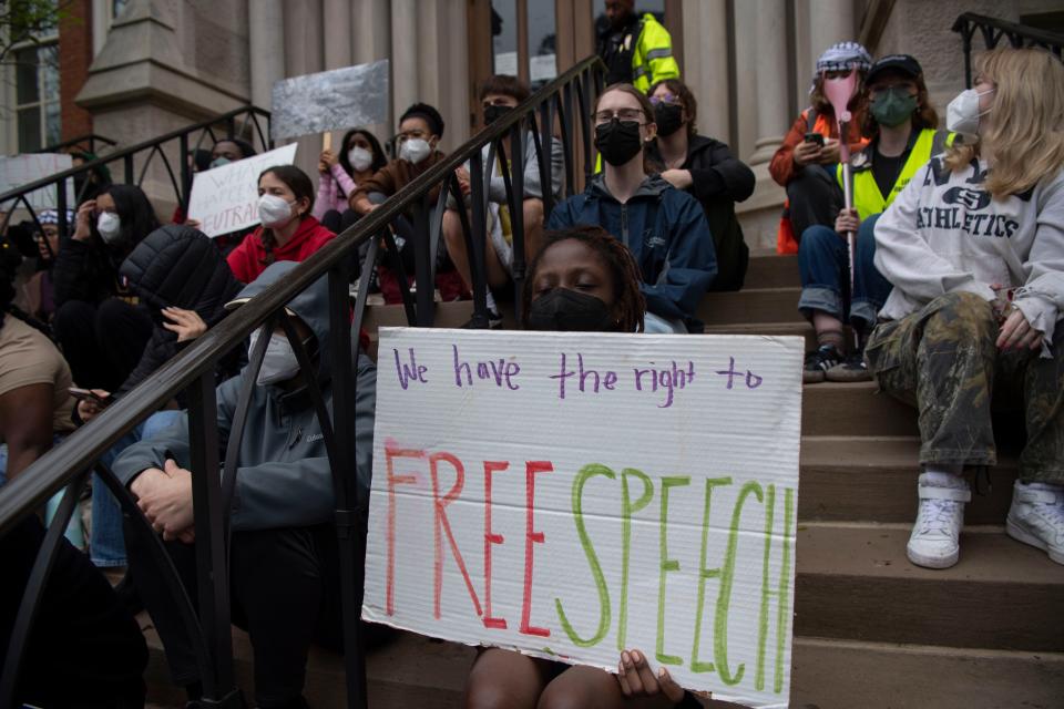 Students protest on the steps outside of Kirkland Hall at Vanderbilt University in Nashville , Tenn., Tuesday, March 26, 2024.