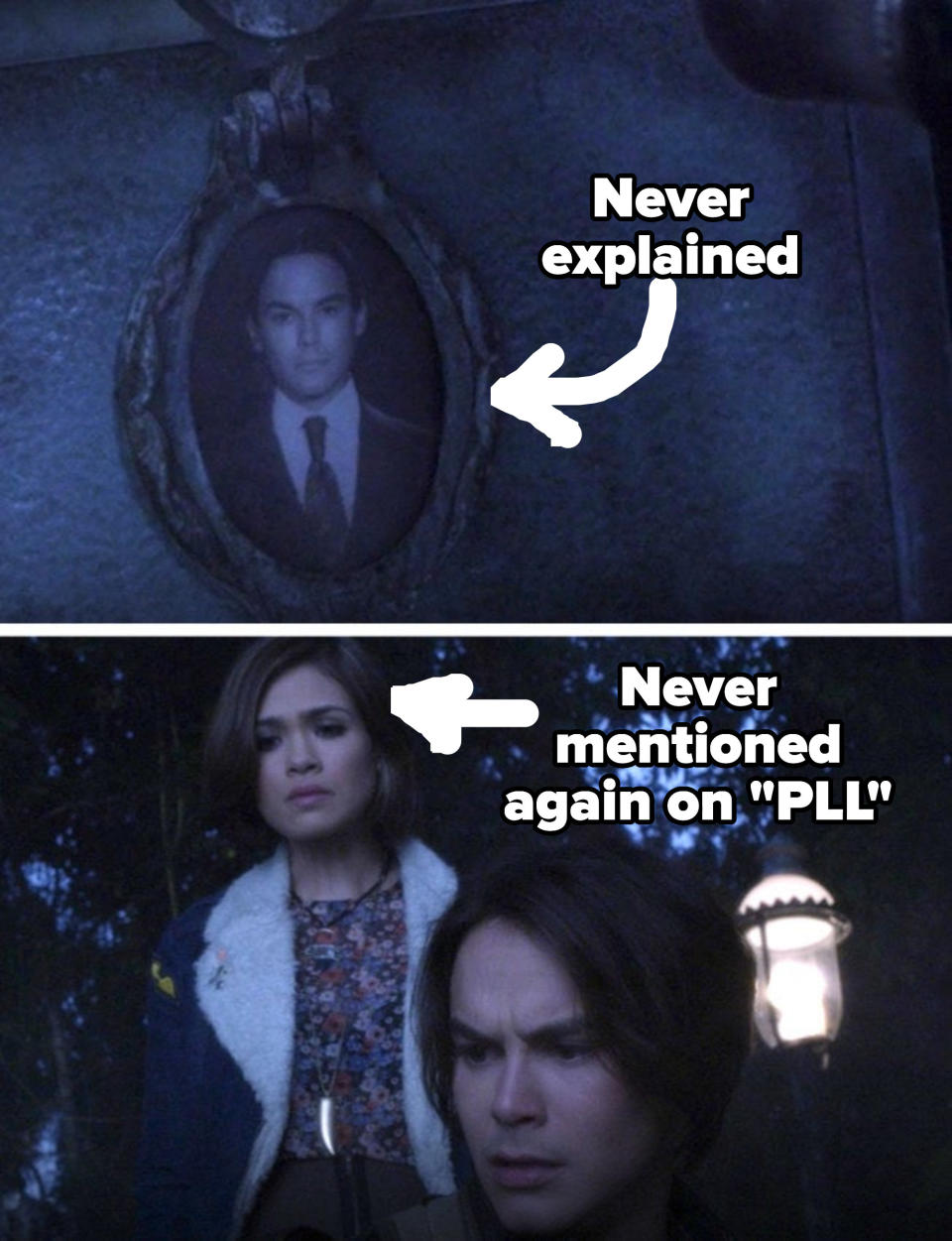 Caleb's grave labeled "never explained" and Miranda labeled "never mentioned again on PLL"