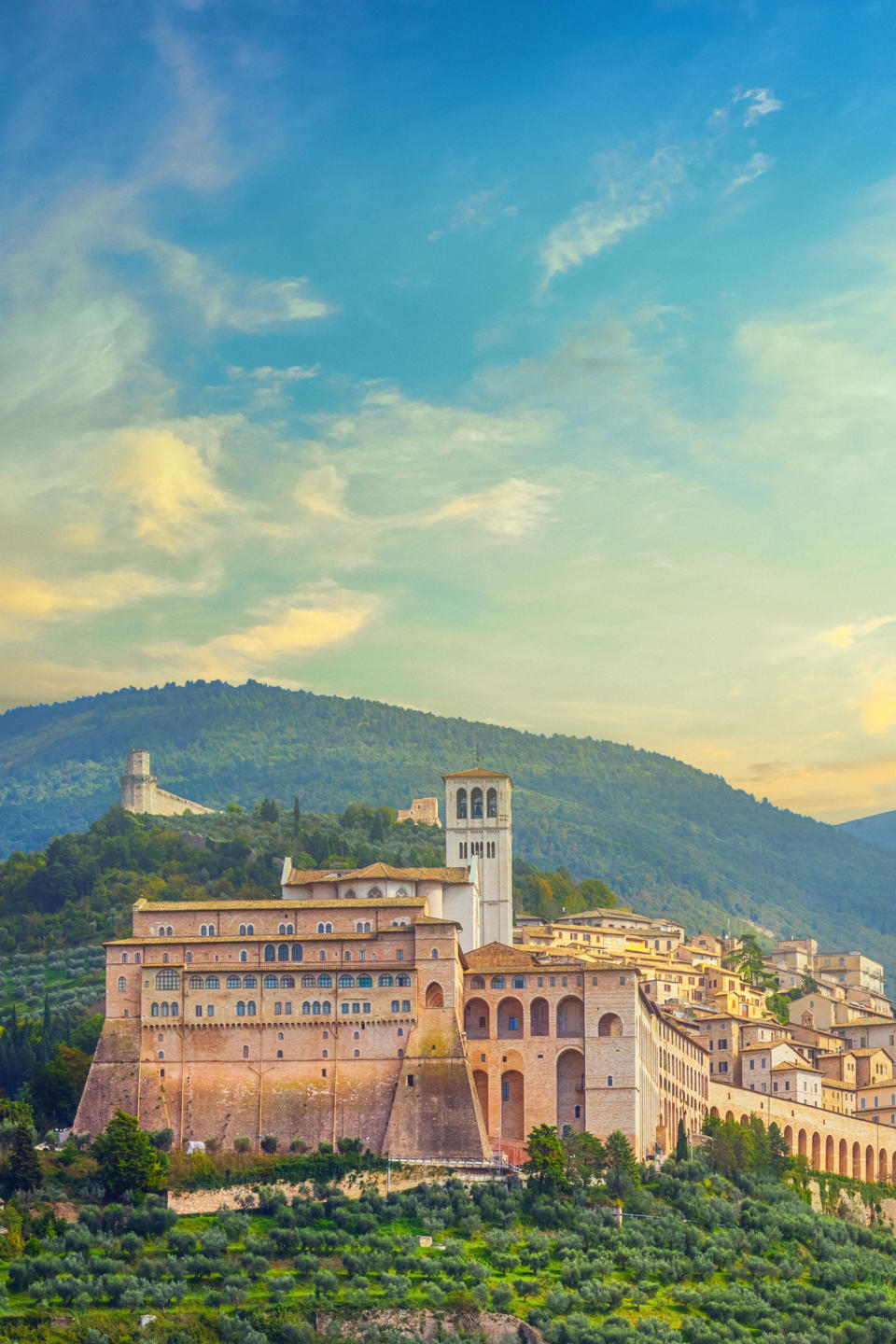 Historic hilltop town with a prominent stone tower and buildings surrounded by trees