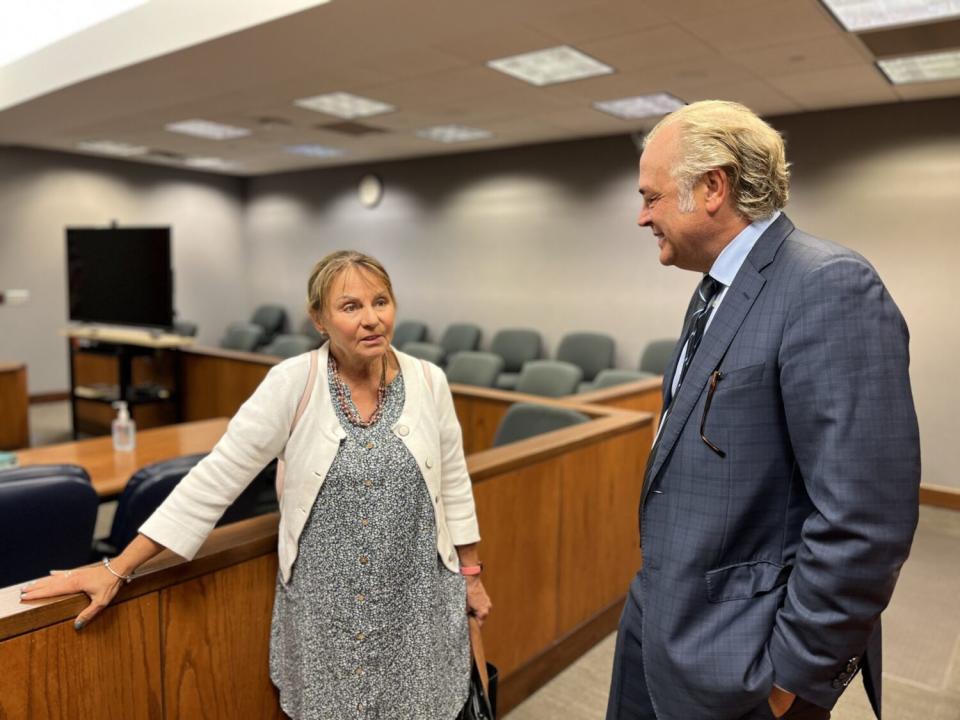 Dakotans for Health Chairman Rick Weiland and Democratic former legislator Nancy Turbak Berry speak after a Sioux Falls judge dismissed a lawsuit July 15, 2024, that sought to remove the measure from the ballot. Weiland and Turbak Berry support the ballot measure. (Joshua Haiar/South Dakota Searchlight)