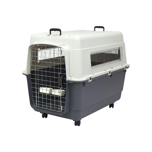 SportPet Designs plastic travel dog crate with wheels and a wire door against white background