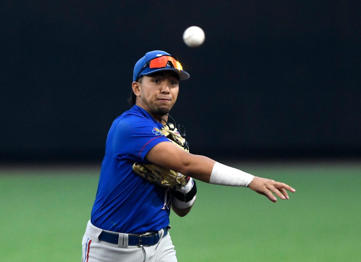 Kansas second baseman Kodey Shojinaga makes a throw to first during the Jayhawks' series last year against Texas Tech in Lubbock. The two teams have another Big 12 series scheduled at 6 p.m. Friday, 2 p.m. Saturday and 1 p.m. Sunday in Lawrence, Kansas.