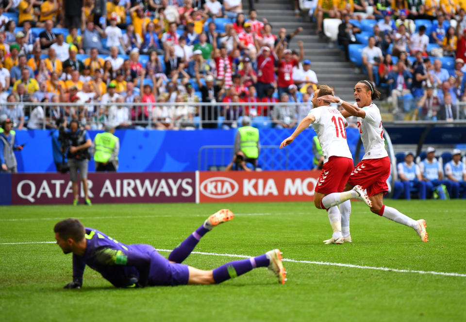 <p>Soccer Football – World Cup – Group C – Denmark vs Australia – Samara Arena, Samara, Russia – June 21, 2018 Denmark’s Christian Eriksen celebrates scoring their first goal with Yussuf Poulsen as Australia’s Mathew Ryan reacts REUTERS/Dylan Martinez </p>