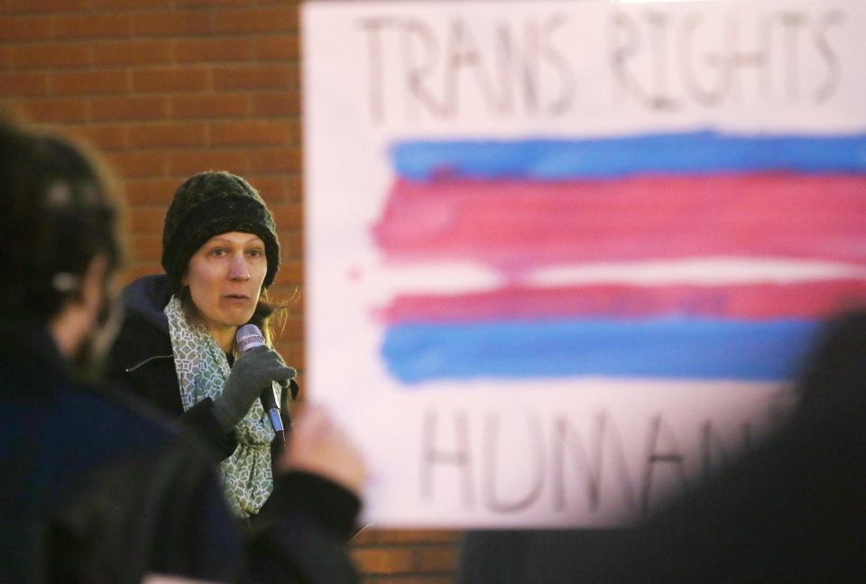 Katherine Jurak, 37, shares her story and concerns during a rally for trans rights at the Highland Square Branch Library on West Market Street in Akron on Wednesday. The Ohio Senate voted earlier in the day to override the governor's veto of House Bill 68, which will restrict gender-affirming care for minors.