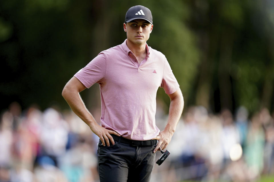 Ludvig Åberg of Sweden looks on on the 17th during day three of the 2023 PGA Championship at Wentworth Golf Club in Virginia Water, Surrey, England Saturday Sept. 16, 2023. (John Walton/PA via AP)
