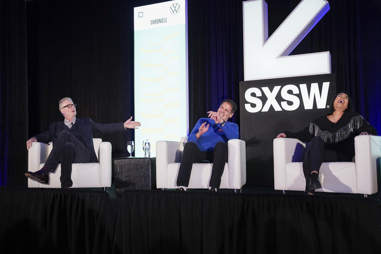 AUSTIN, TEXAS - MARCH 14: (L-R) Craig Kilborn, Mark Cuban, Falon Fatemi and Shira Lazar speak onstage at Predicting the Future of Entertainment with Fireside during the 2022 SXSW Conference and Festivals at JW Marriott Austin on March 14, 2022 in Austin, Texas. (Photo by Amy E. Price/Getty Images for SXSW)