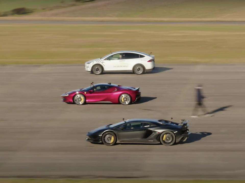 The Tesla Model X Plaid, Ferrari SF90 Stradale, and Lamborghini Aventador SVJ