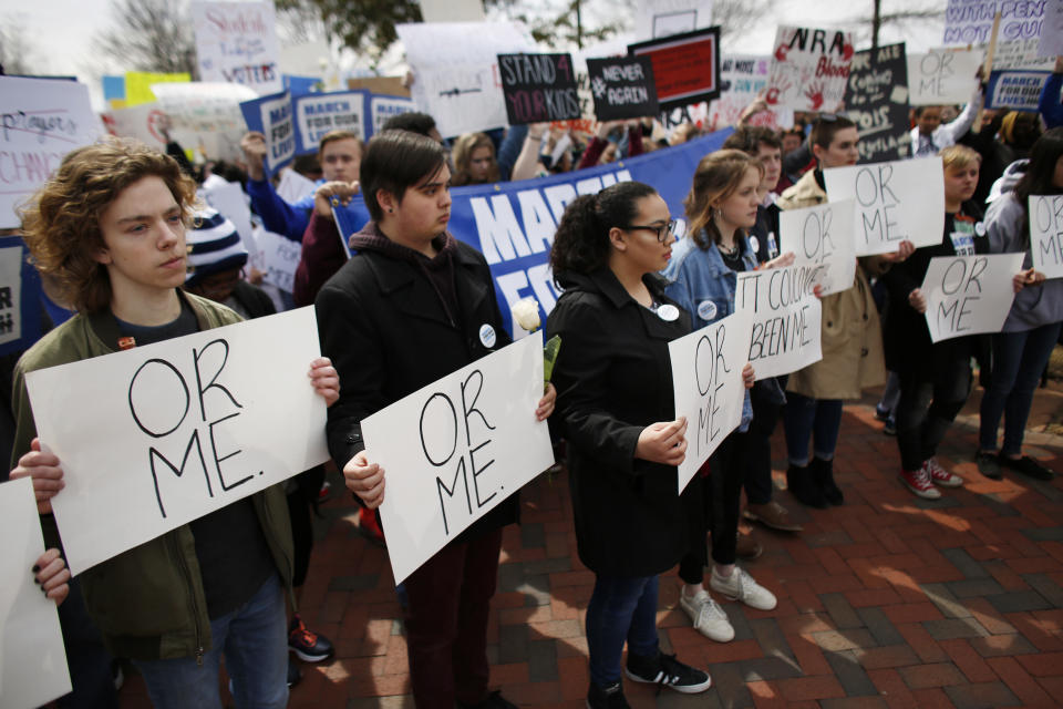 <p>People participate in a “March For Our Lives” event Saturday, March 24, 2018, in Norfolk, Va. (Stephen M. Katz/The Virginian-Pilot via AP) </p>