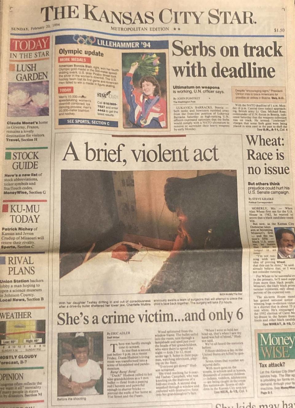 The front page of The Kansas City Star, Sunday, Feb, 20, 1994, captured the night Tashay Campbell, age 6, was struck in the face by a stray bullet while she played in her grandmother’s living room on the night of Feb. 4, 1994.