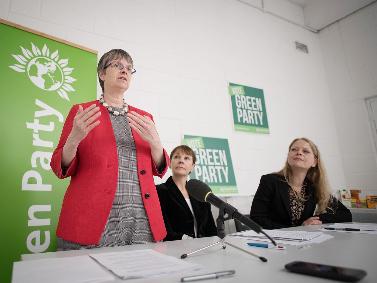 Green MEP Molly Scott Cato speaks during the launch of the Green Party Brexit policy watched by Co-Leader of the Green Party, Caroline Lucas and Green London Assembly member Siân Rebecca Berry at the Space Studio in London: Stefan Rousseau/PA Wire