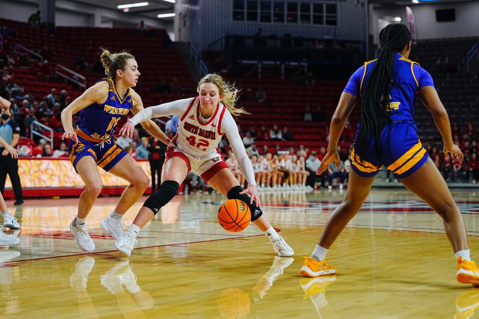 South Dakota women's basketball guard Maddie Krull dribbles into the paint against Western Illinois on Jan. 20, 2022.