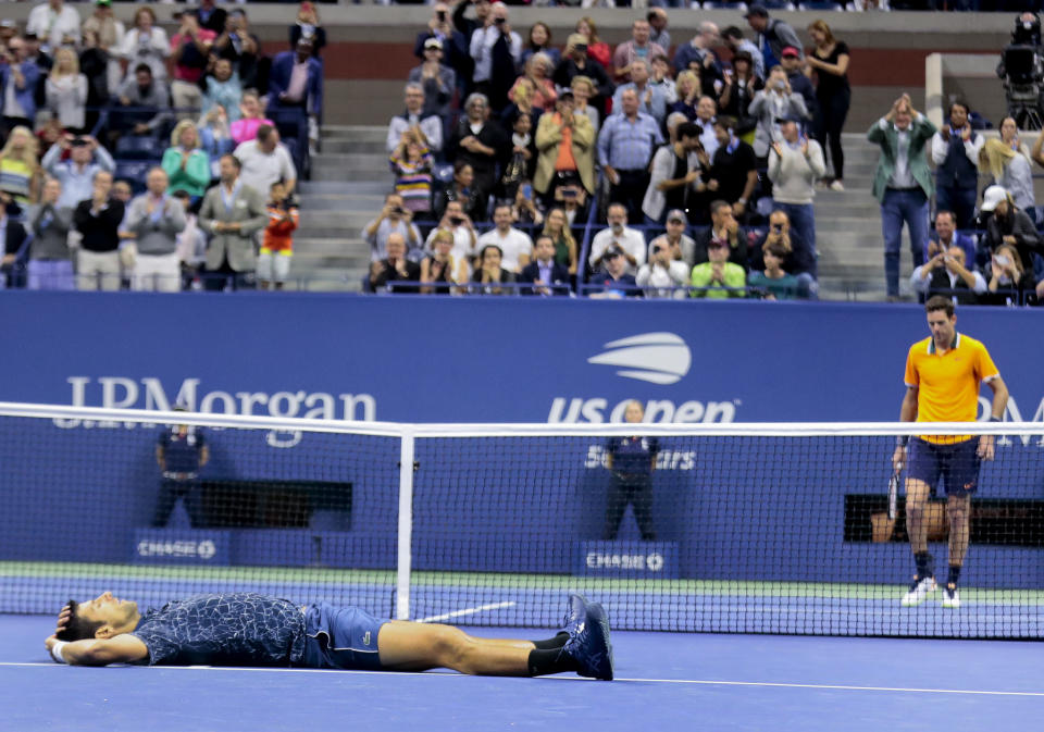 Novak Djokovic, of Serbia, celebrates after defeating Juan Martin del Potro, of Argentina, in the men's final of the U.S. Open tennis tournament, Sunday, Sept. 9, 2018, in New York. (AP Photo/Andres Kudacki)