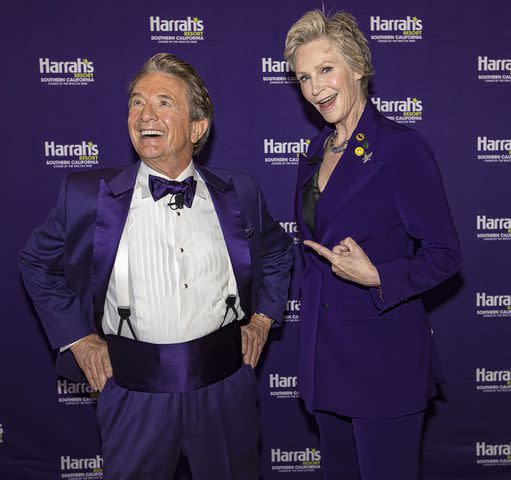 <p>Daniel Knighton/Getty Images</p> Martin Short (left) poses with Jane Lynch prior to his inauguration as mayor of Funner, California at Harrah's Resort Southern California on May 13