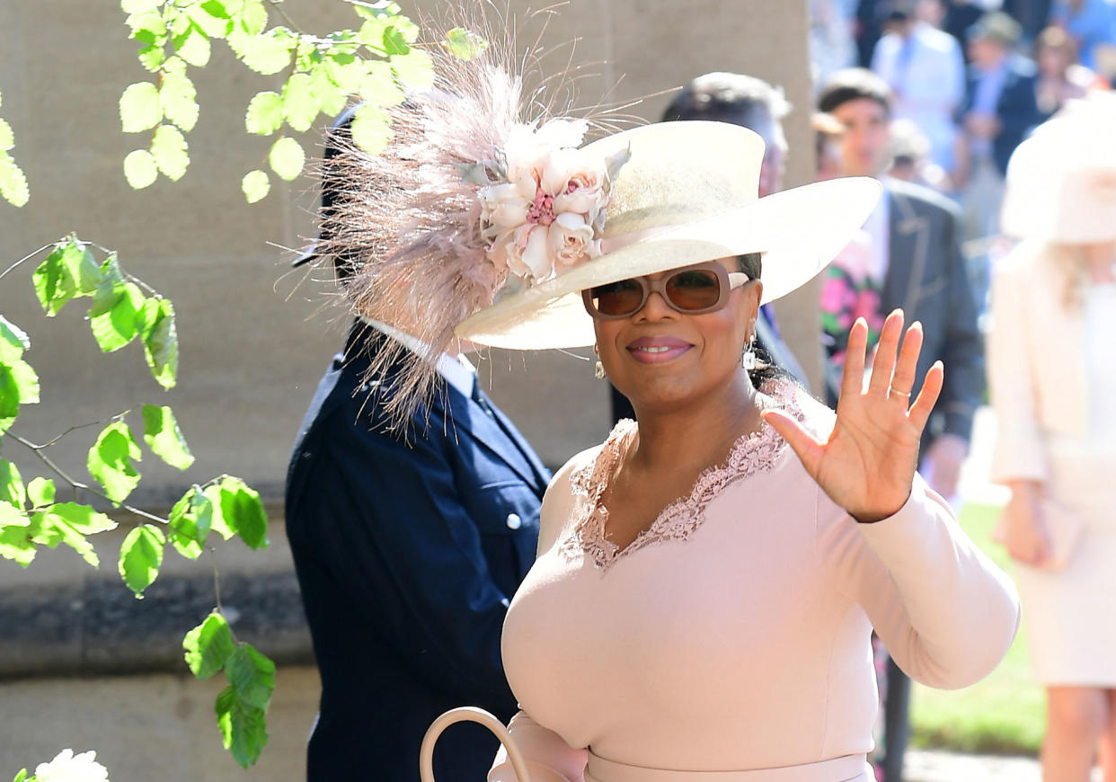 US presenter Oprah Winfrey arrives for the wedding ceremony of Britain's Prince Harry, Duke of Sussex and US actress Meghan Markle at St George's Chapel, Windsor Castle, in Windsor, on May 19, 2018. (Photo by Ian West / POOL / AFP)        (Photo credit should read IAN WEST/AFP via Getty Images)