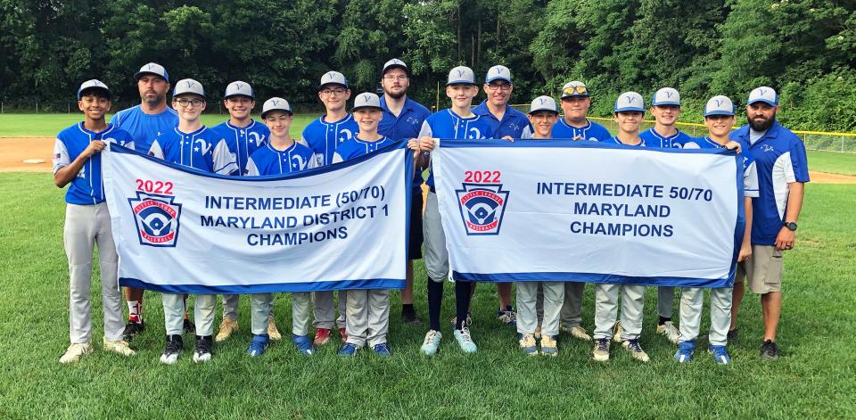 The Valley Intermediate 50/70 All-Stars advanced to the East Region Tournament in New York after winning the Maryland District 1 and state titles. From left are Dakota Sowers, manager David Gouff, Luke Scott, Gavin Blumenauer, Landon Vitale, Michael Feight, Brody Thomas, coach Garrett Scott, Matthew Cosens, coach Joseph Regan, Carter Gouff, Cash Kenny, Jack Regan, Logan Blumenauer, Brennon Taveras and coach Jason Blumenauer.